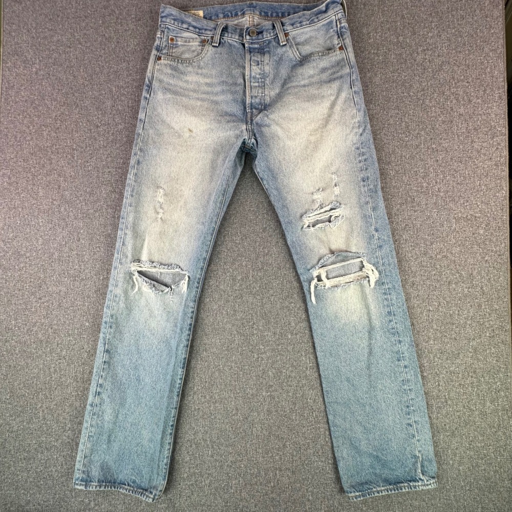Levi's Jeans Mens 34x34 501 Straight Leg Light Blue Distressed Ripped Denim